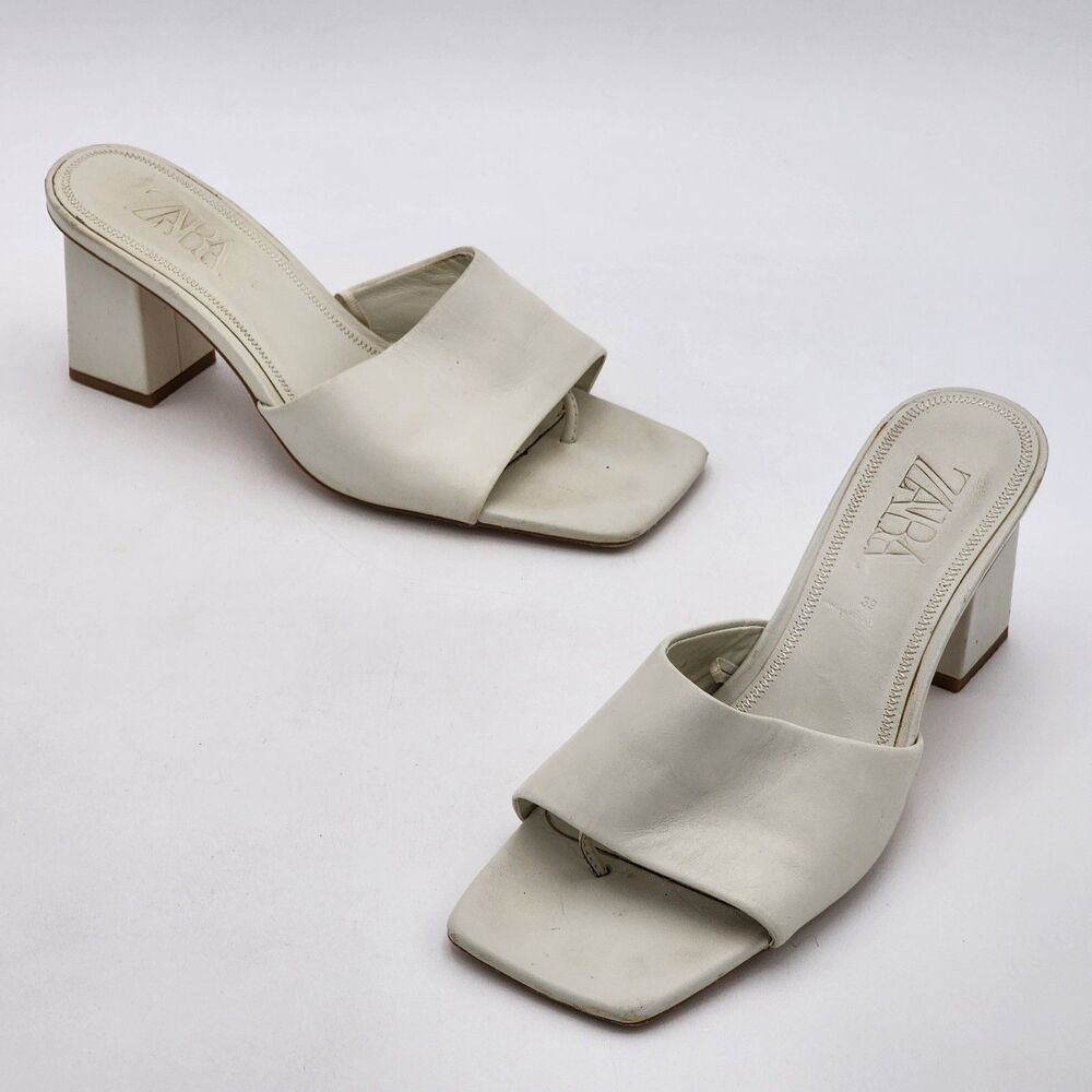 Zara Square Toe Leather Block Heel Slide On Sandals White Size 39 EU 8 US